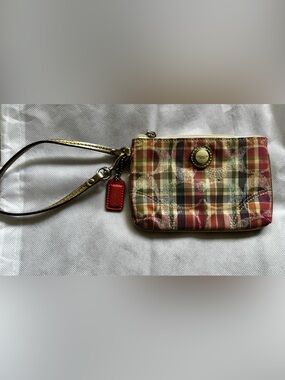 Coach poppy Kingsley pastel plaid wristlet with sequins